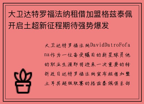 大卫达特罗福法纳租借加盟格兹泰佩开启土超新征程期待强势爆发