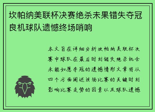 坎帕纳美联杯决赛绝杀未果错失夺冠良机球队遗憾终场哨响