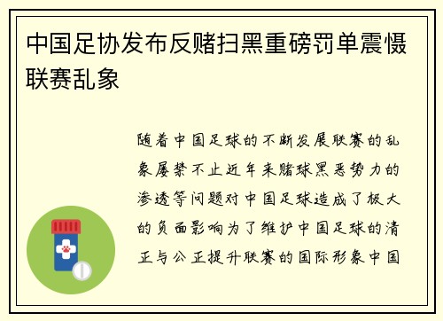 中国足协发布反赌扫黑重磅罚单震慑联赛乱象
