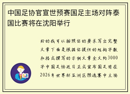 中国足协官宣世预赛国足主场对阵泰国比赛将在沈阳举行