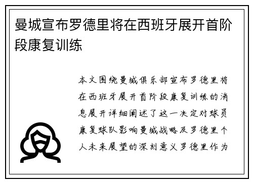 曼城宣布罗德里将在西班牙展开首阶段康复训练 曼城宣布罗德里将在西班牙展开首阶段康复训练
