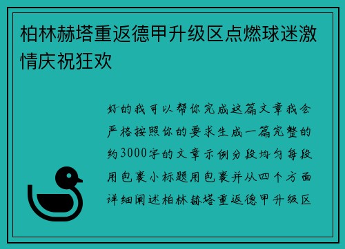 柏林赫塔重返德甲升级区点燃球迷激情庆祝狂欢